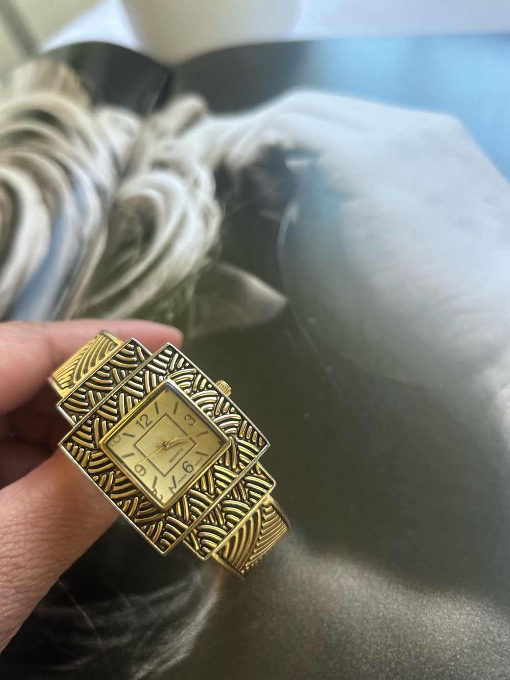 Ornate Gold-Tone Square Face Bracelet Japan movt Watch